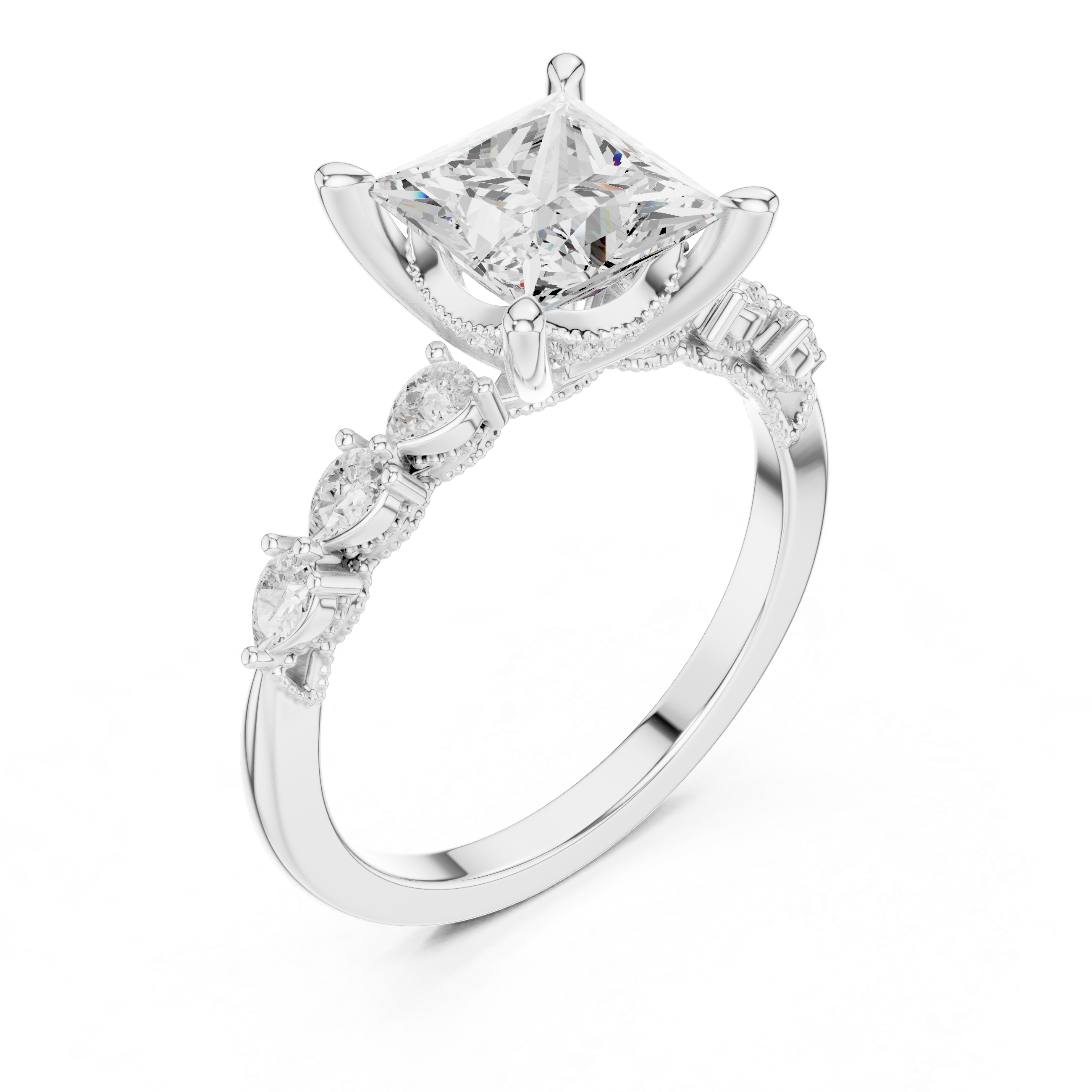 Princess Cut Diamond Three-Stone Engagement Ring with Pear Side Stones