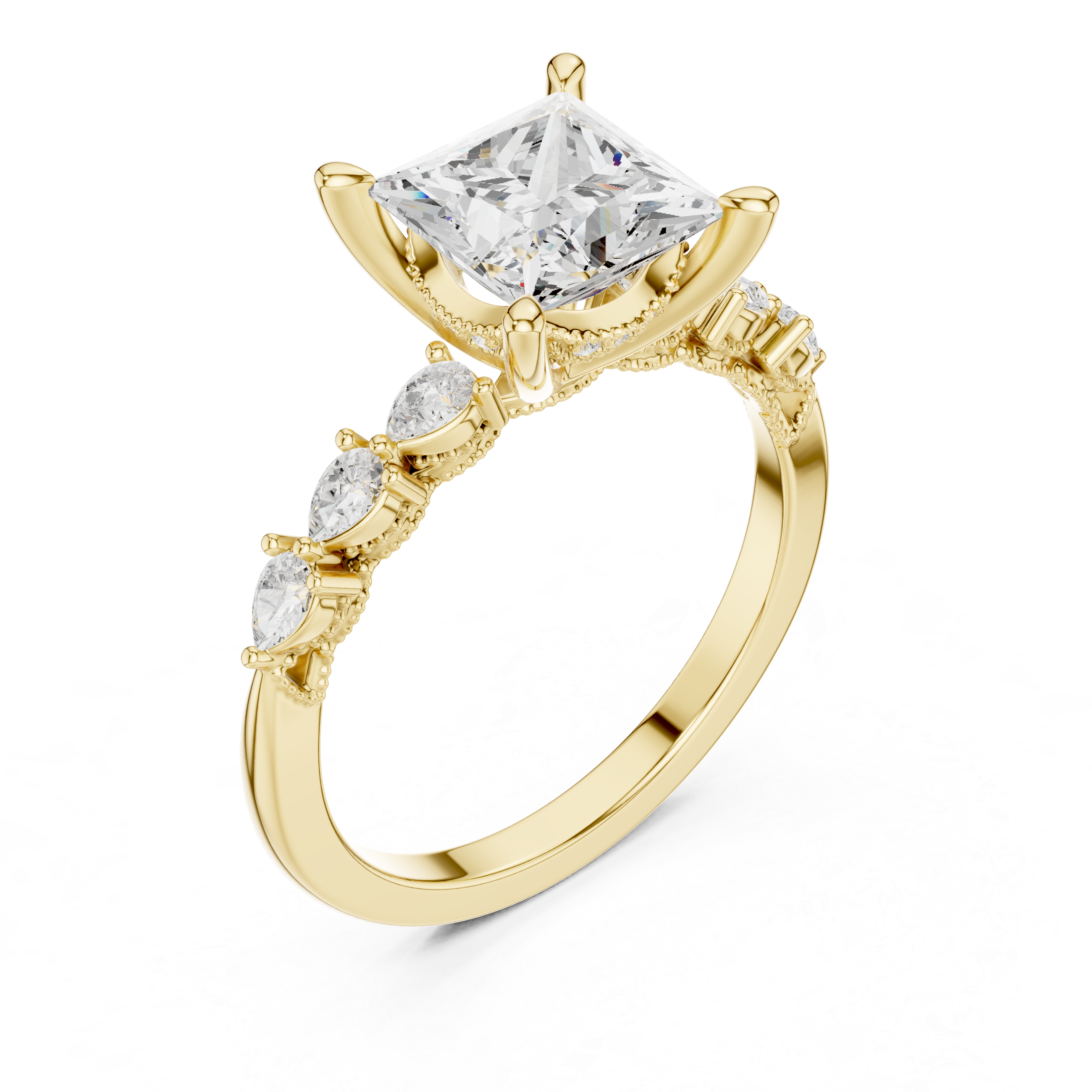 2.33 CT Princess Cut Diamond Three-Stone Engagement Ring with Pear Side Accents