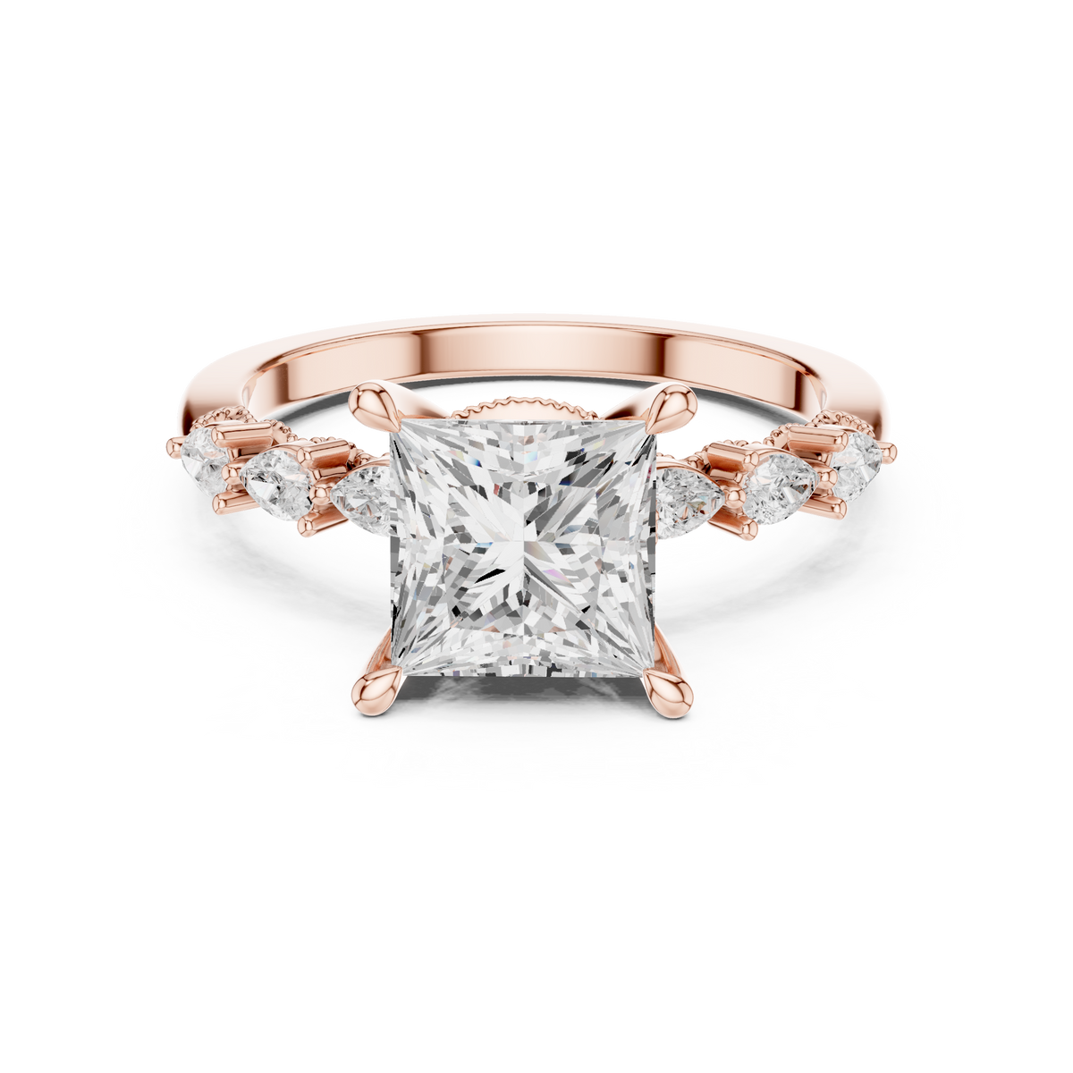 Princess Cut Diamond Three-Stone Engagement Ring with Pear Side – view 5 of 12, lab grown diamond ring | Jewelix Atelier