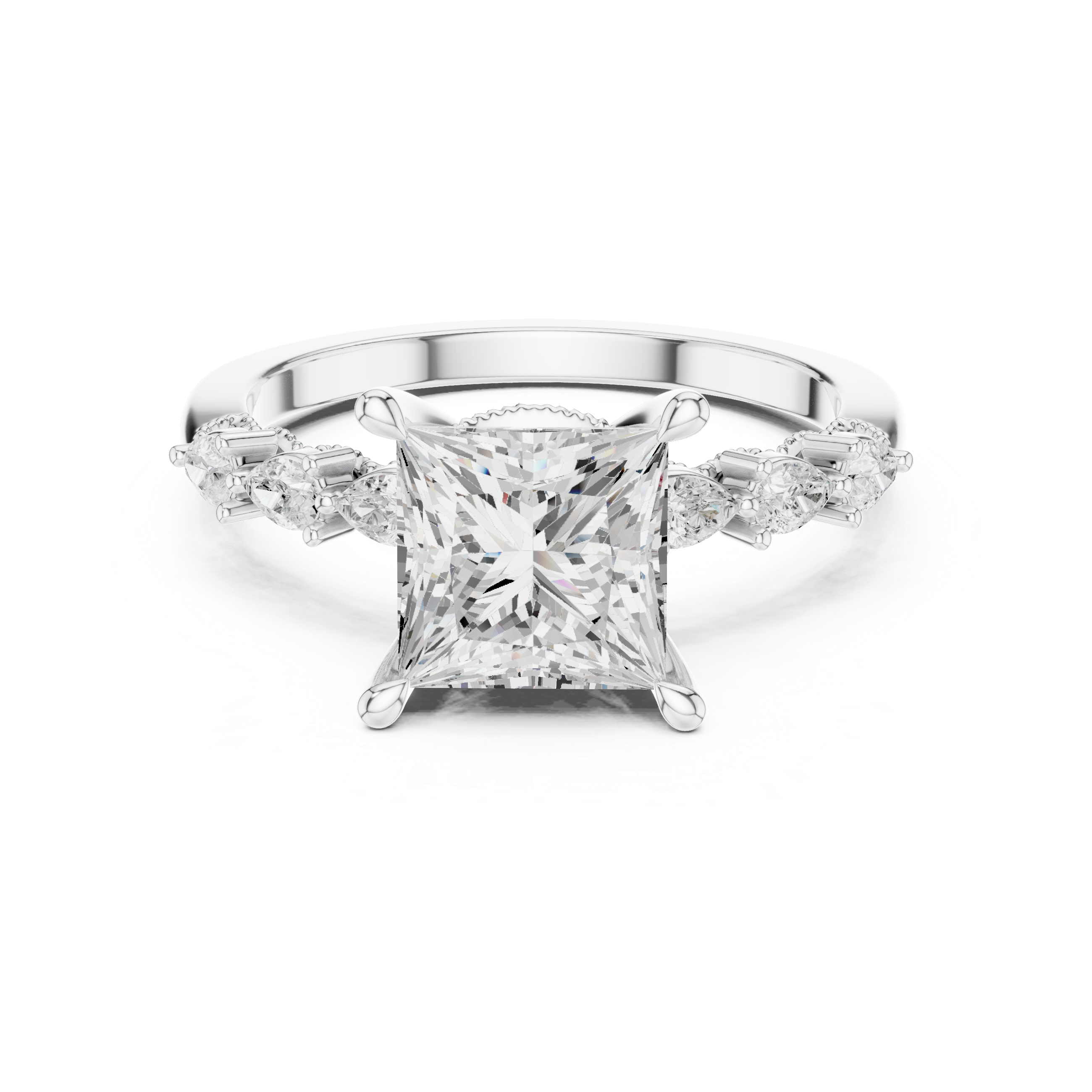Princess Cut Diamond Three-Stone Engagement Ring with Pear Side Stones
