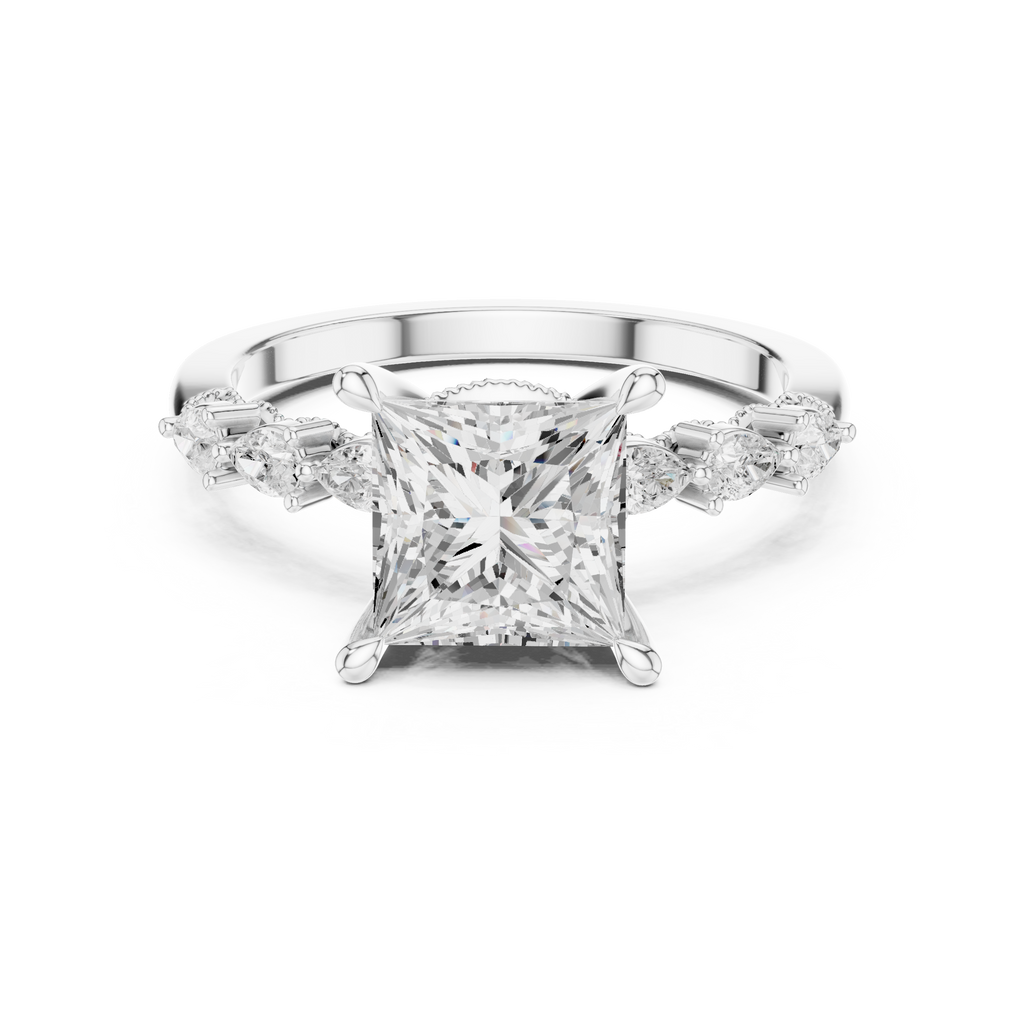 2.33 CT Princess Cut Diamond Three-Stone Engagement Ring with Pear Side Accents