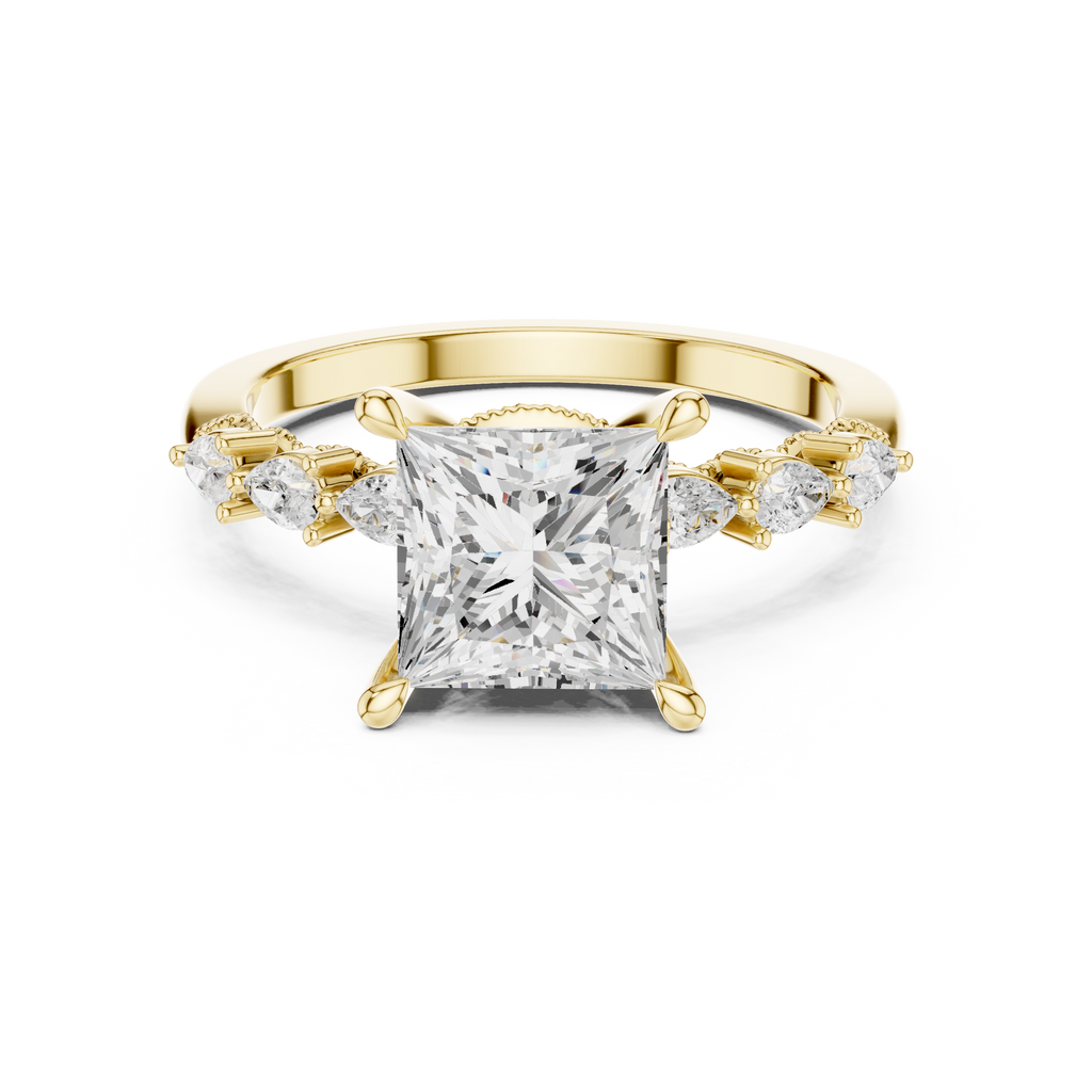 2.33 CT Princess Cut Diamond Three-Stone Engagement Ring with Pear Side Accents