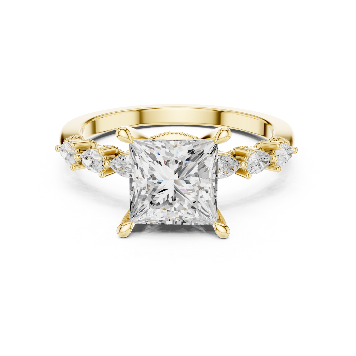 Princess Cut Diamond Three-Stone Engagement Ring with Pear Side – view 9 of 12, lab grown diamond ring | Jewelix Atelier