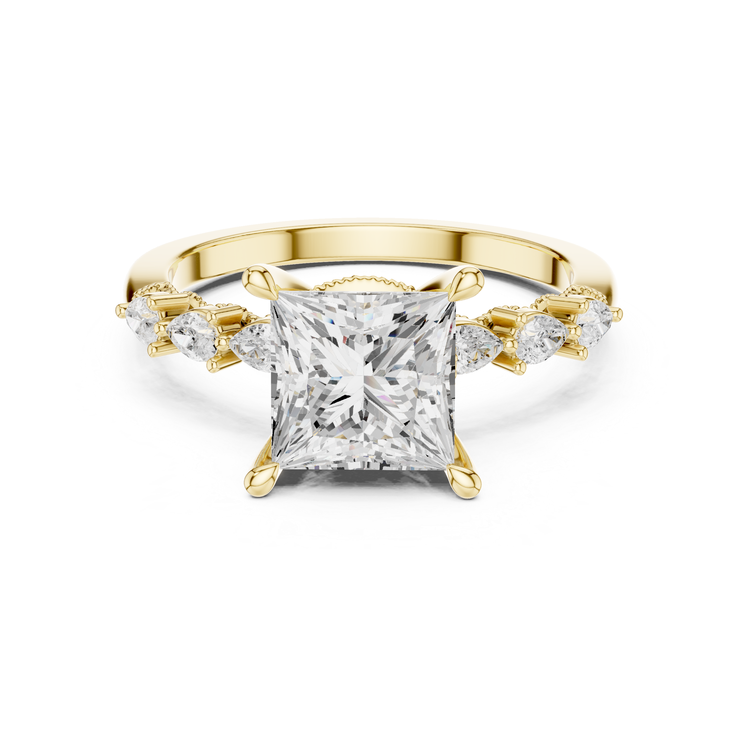 2.33 CT Princess Cut Diamond Three-Stone Engagement Ring with Pear Side Accents