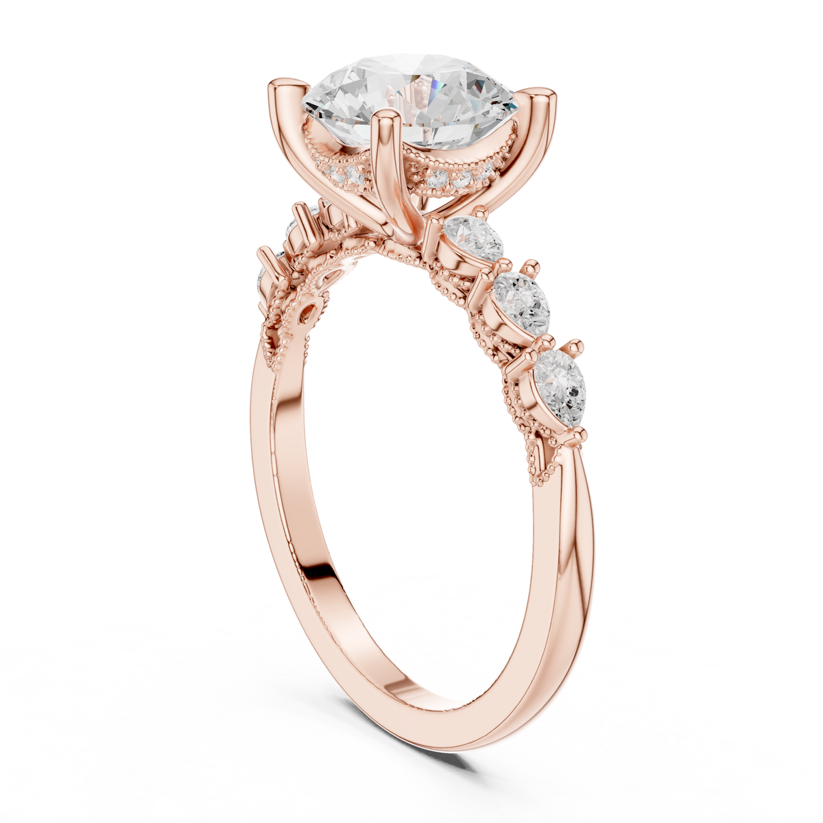 Round Brilliant Diamond Three-Stone Engagement Ring with Pear Side – view 6 of 12, lab grown diamond ring | Jewelix Atelier