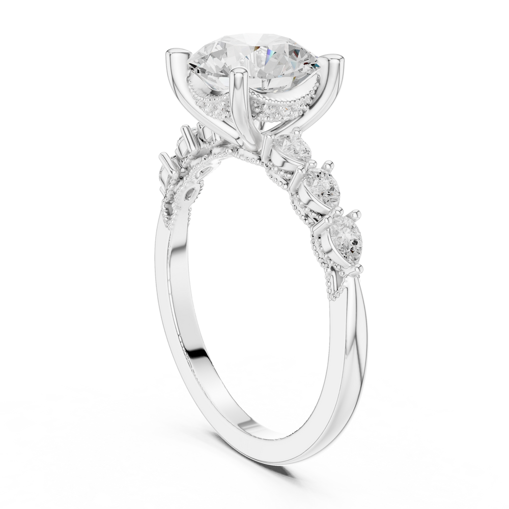 Round Brilliant Diamond Three-Stone Engagement Ring with Pear Side Stones