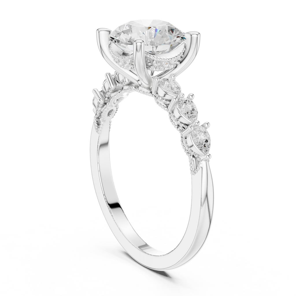 2.32 CT Round Brilliant Diamond Three-Stone Engagement Ring with Pear Side Accents