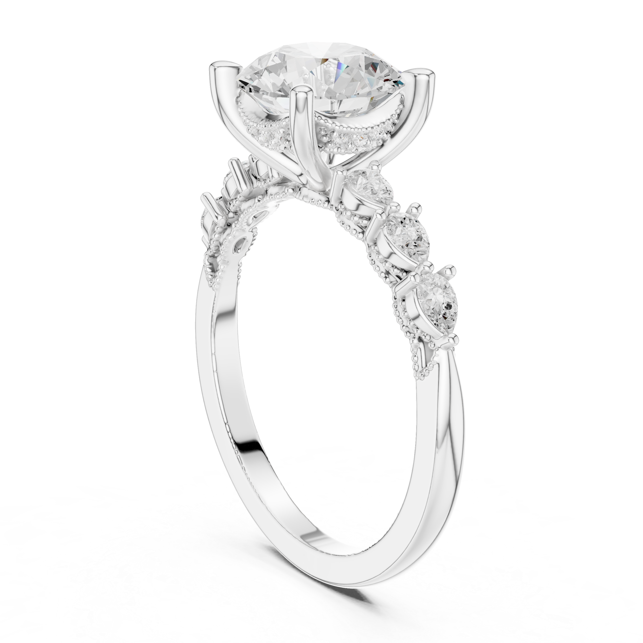 2.32 CT Round Brilliant Diamond Three-Stone Engagement Ring with Pear Side Accents