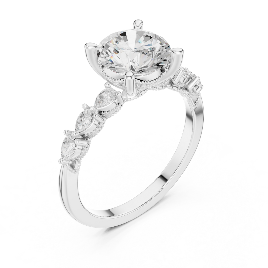 Round Brilliant Diamond Three-Stone Engagement Ring with Pear Side Stones