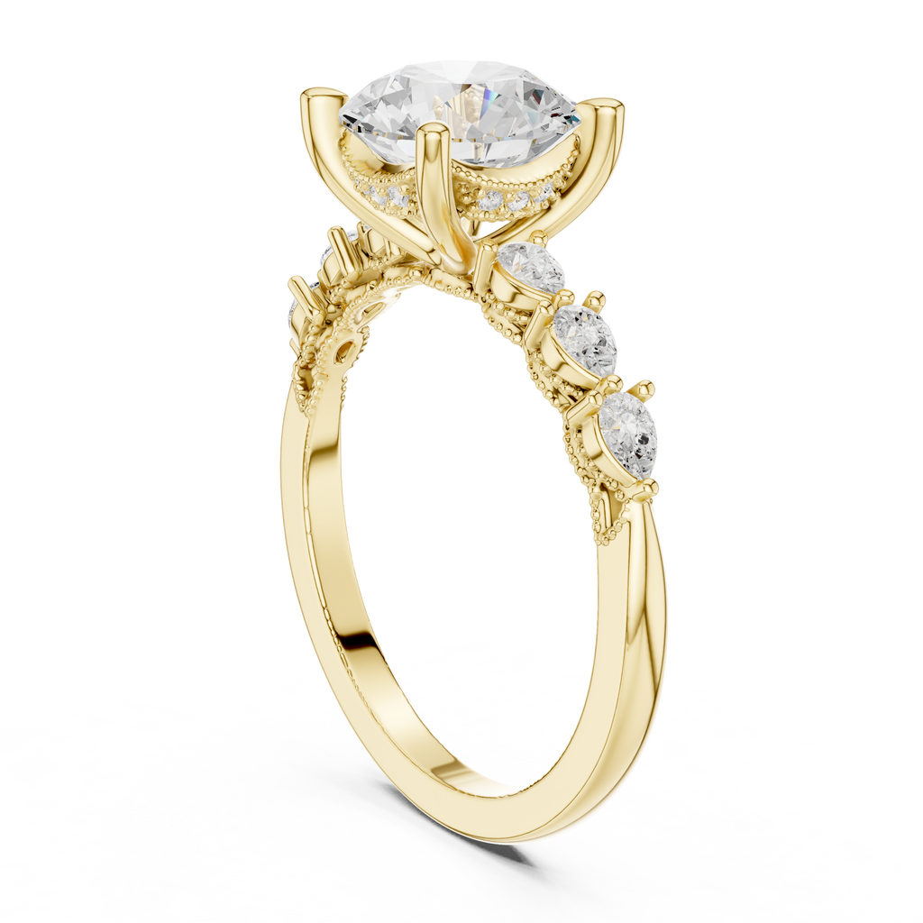 Round Brilliant Diamond Three-Stone Engagement Ring with Pear Side Stones