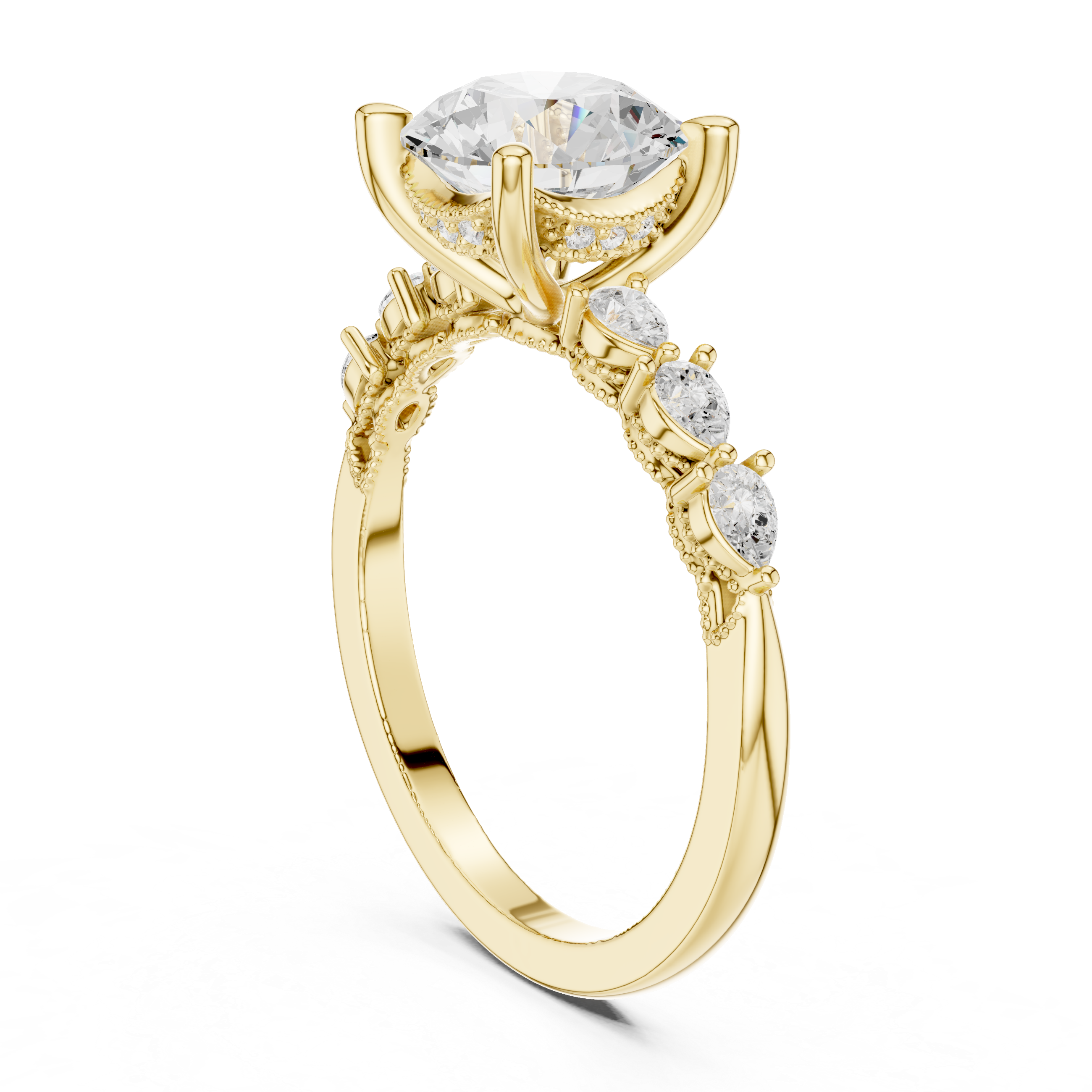 2.32 CT Round Brilliant Diamond Three-Stone Engagement Ring with Pear Side Accents