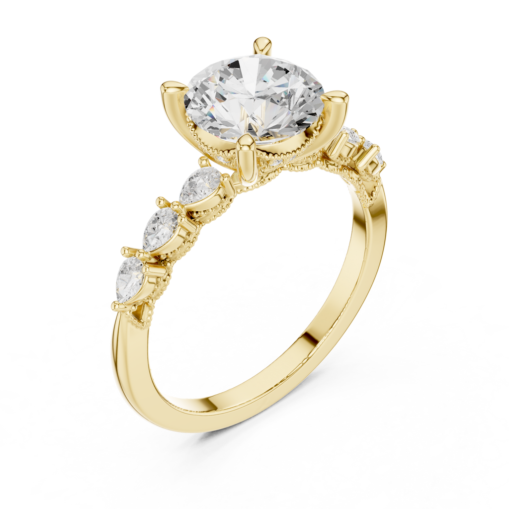 Round Brilliant Diamond Three-Stone Engagement Ring with Pear Side Stones