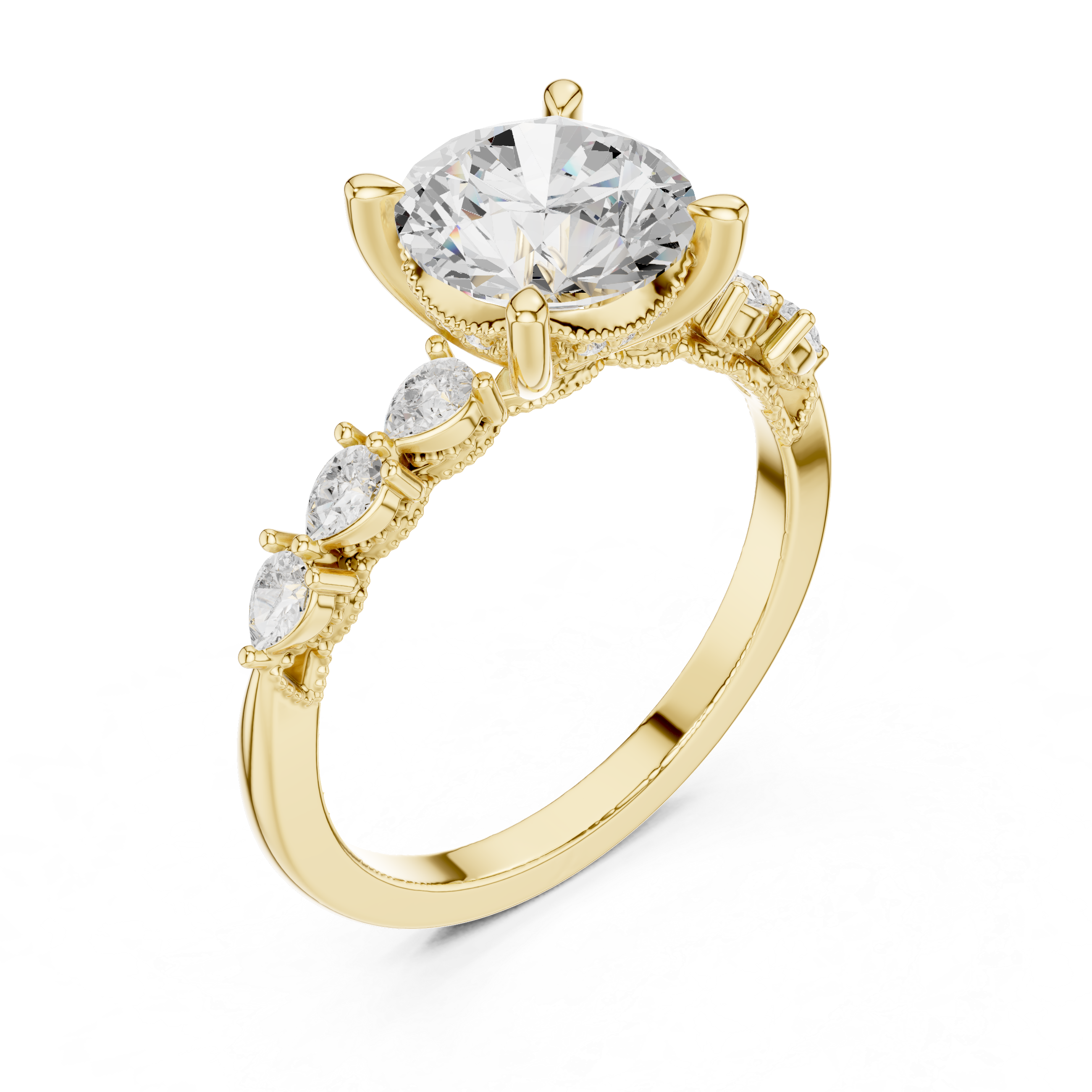 2.32 CT Round Brilliant Diamond Three-Stone Engagement Ring with Pear Side Accents