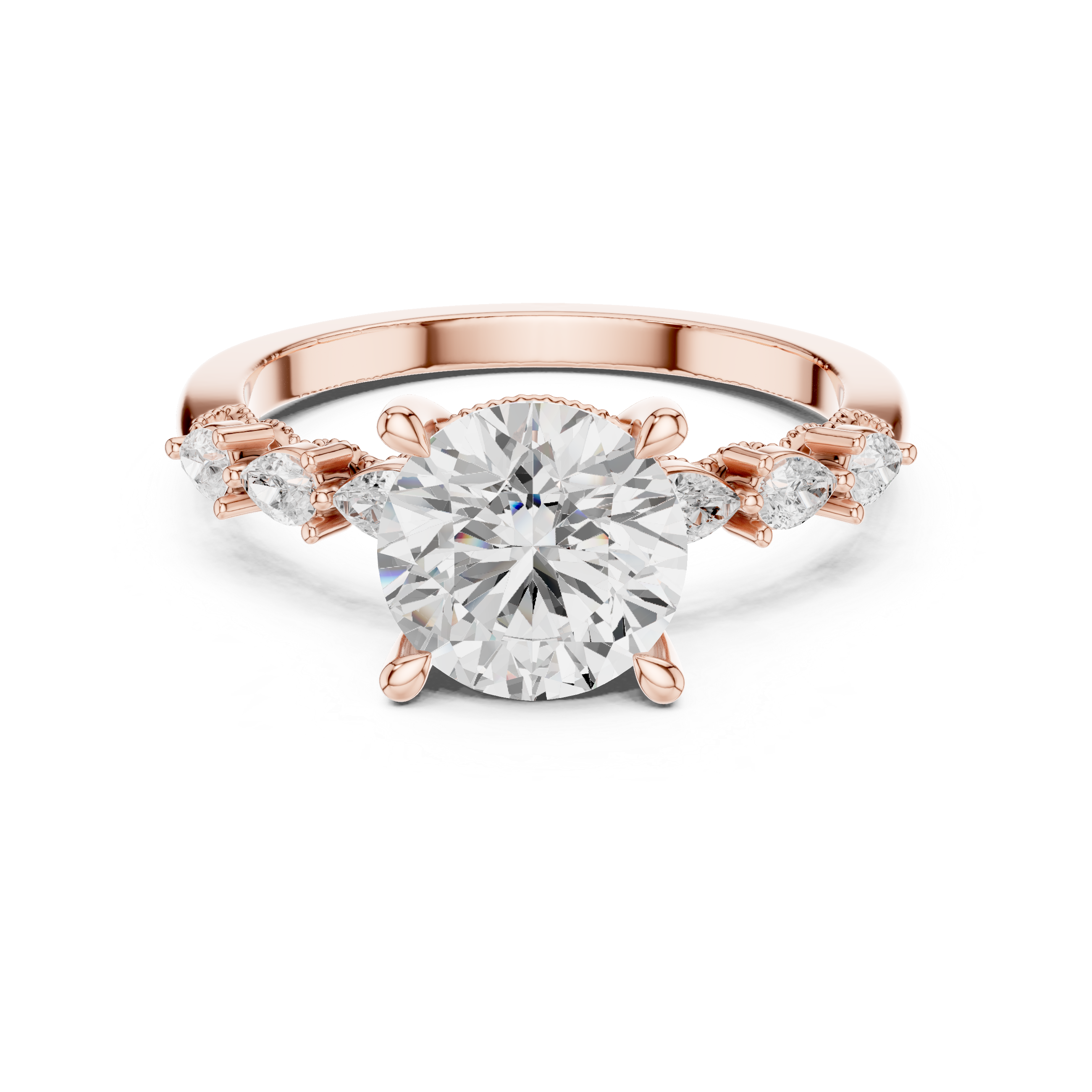 Round Brilliant Diamond Three-Stone Engagement Ring with Pear Side Stones