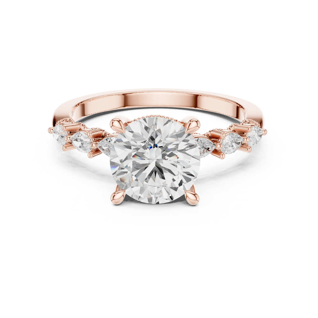 2.32 CT Round Brilliant Diamond Three-Stone Engagement Ring with Pear Side Accents