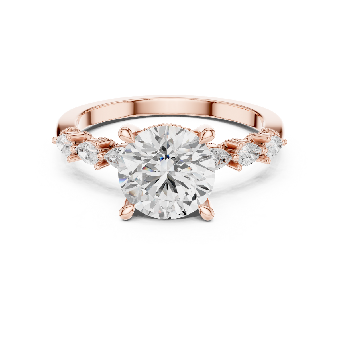 Round Brilliant Diamond Three-Stone Engagement Ring with Pear Side – view 5 of 12, lab grown diamond ring | Jewelix Atelier