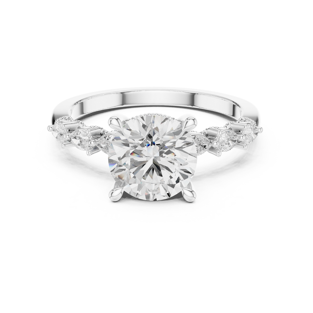 2.32 CT Round Brilliant Diamond Three-Stone Engagement Ring with Pear Side Accents