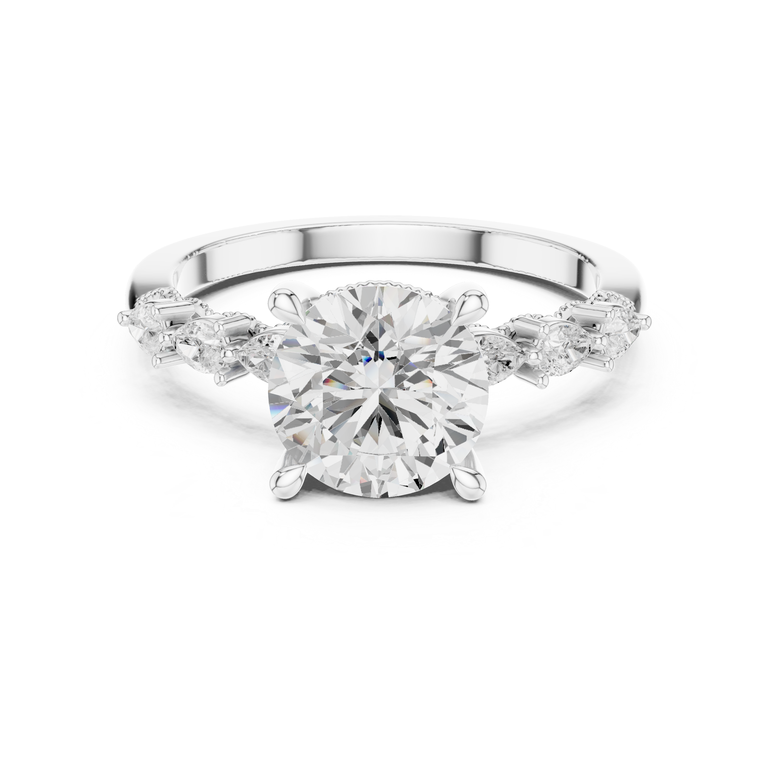 2.32 CT Round Brilliant Diamond Three-Stone Engagement Ring with Pear Side Accents