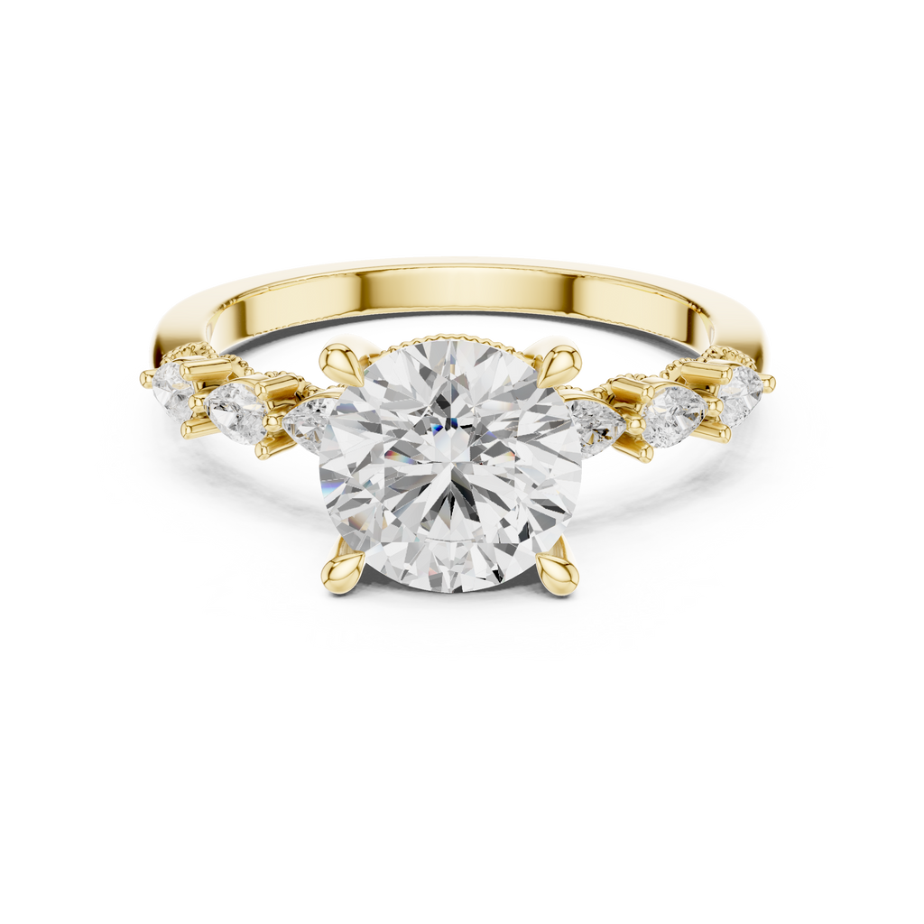 2.32 CT Round Brilliant Diamond Three-Stone Engagement Ring with Pear Side Accents