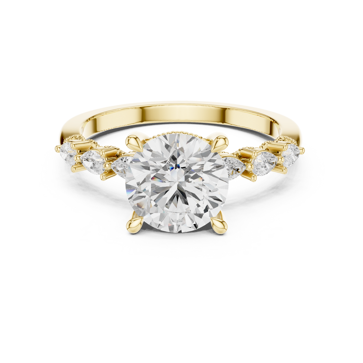 Round Brilliant Diamond Three-Stone Engagement Ring with Pear Side – view 9 of 12, lab grown diamond ring | Jewelix Atelier