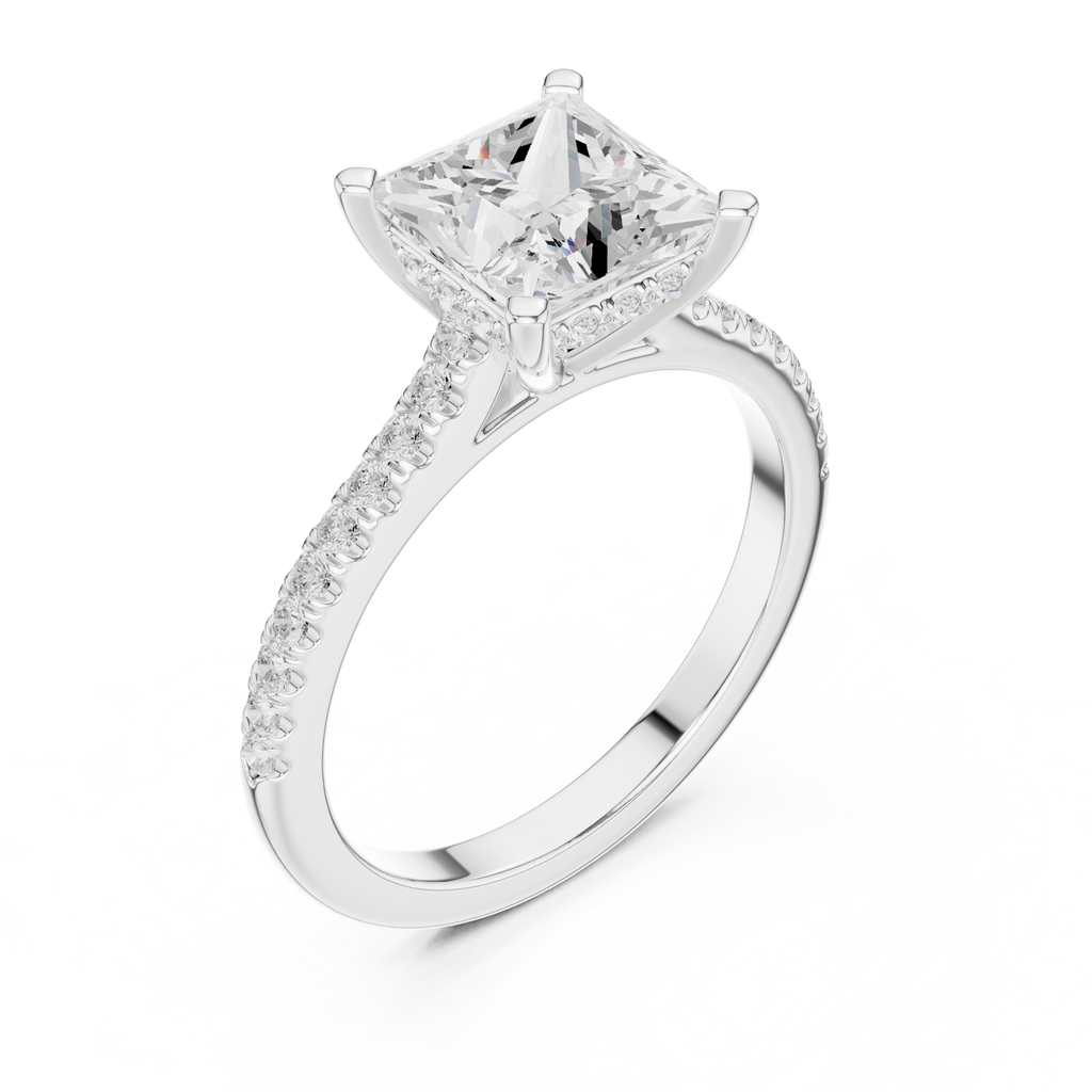 Princess Cut Diamond Pavé Engagement Ring with Hidden Halo