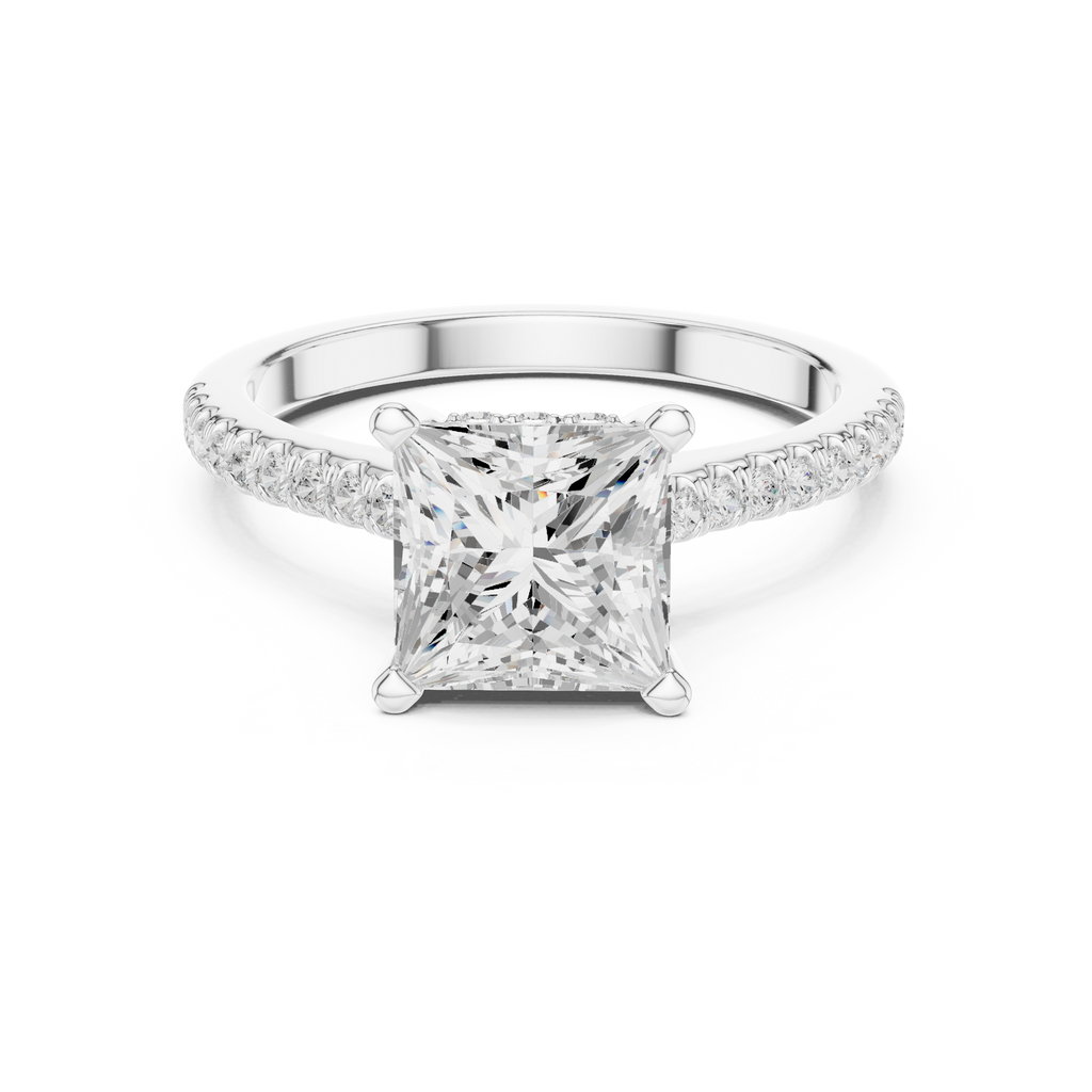 Princess Cut Diamond Pavé Engagement Ring with Hidden Halo