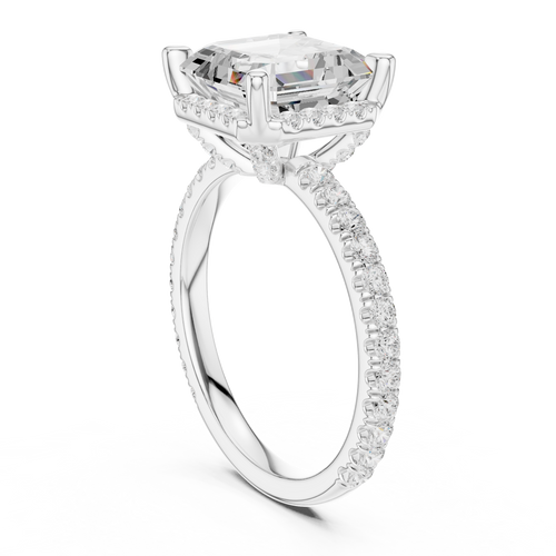 Asscher Cut Hidden Halo Diamond Engagement Ring with Pavé Band