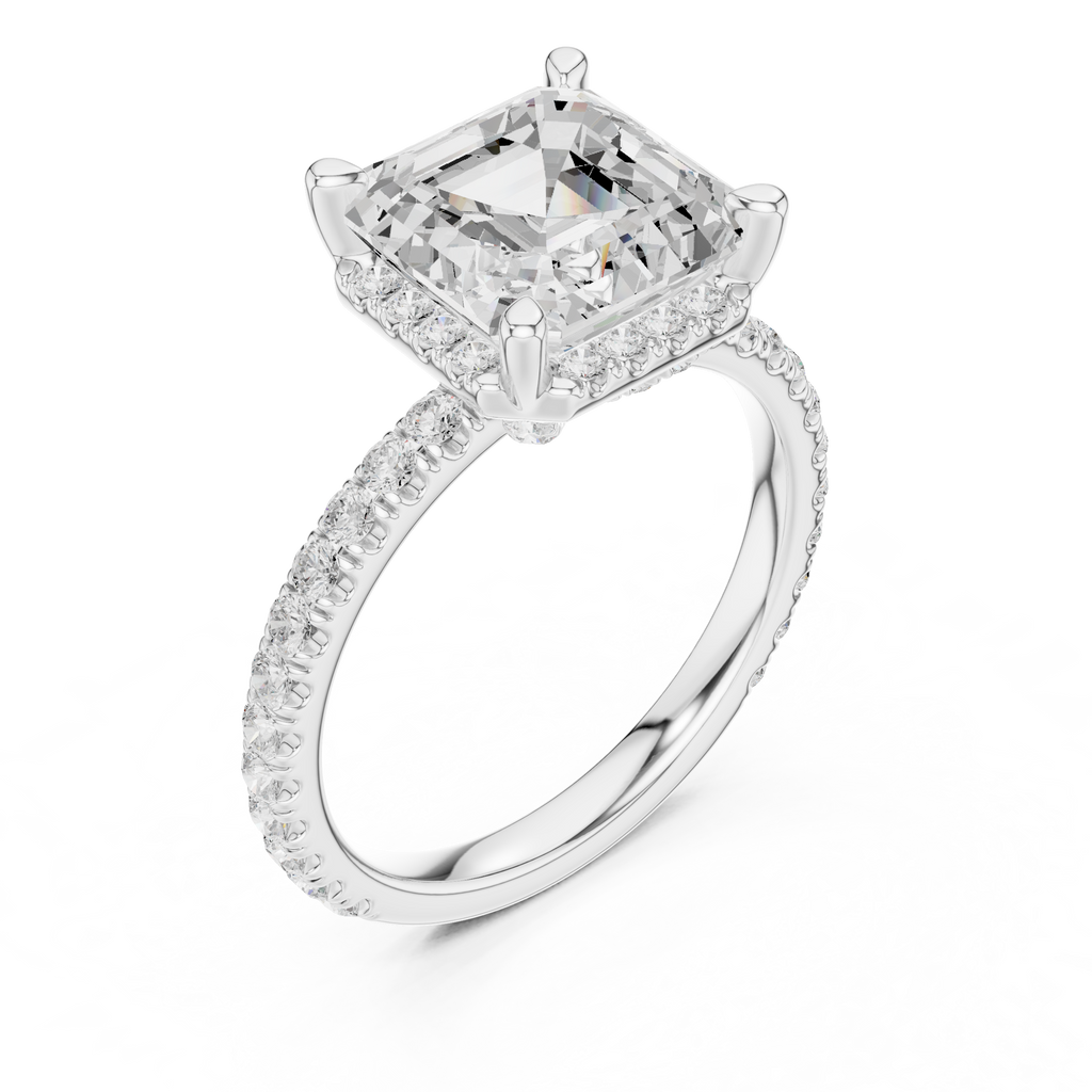 3.50 CT Asscher Cut Hidden Halo Diamond Engagement Ring with Pavé Band