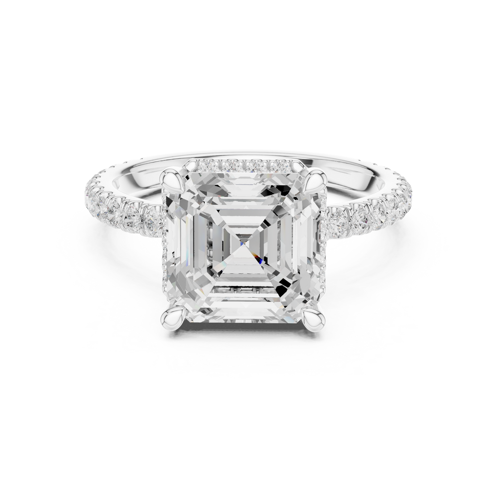 3.50 CT Asscher Cut Hidden Halo Diamond Engagement Ring with Pavé Band