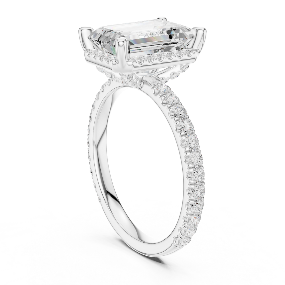 3.50 CT Emerald Cut Hidden Halo Diamond Engagement Ring with Pavé Band