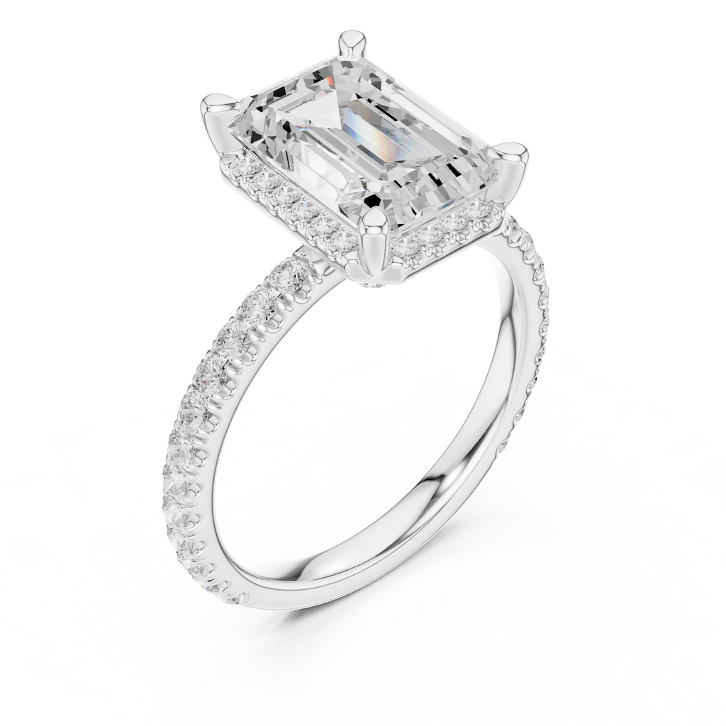 3.50 CT Emerald Cut Hidden Halo Diamond Engagement Ring with Pavé Band