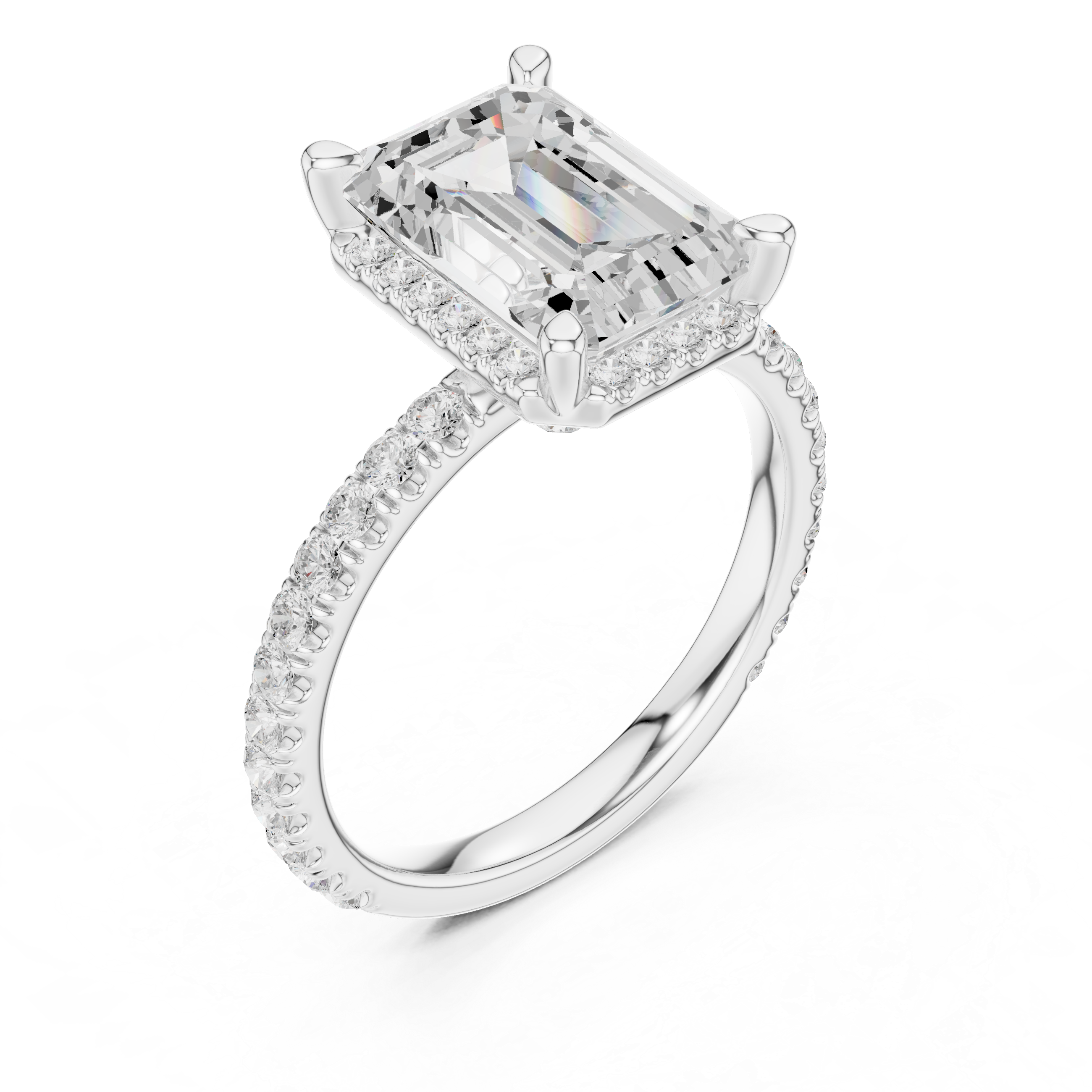 3.50 CT Emerald Cut Hidden Halo Diamond Engagement Ring with Pavé Band