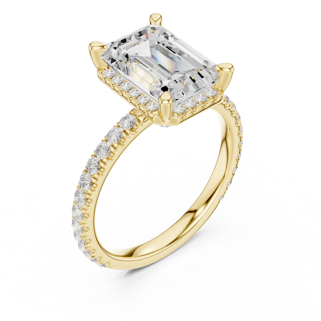 3.50 CT Emerald Cut Hidden Halo Diamond Engagement Ring with Pavé Band