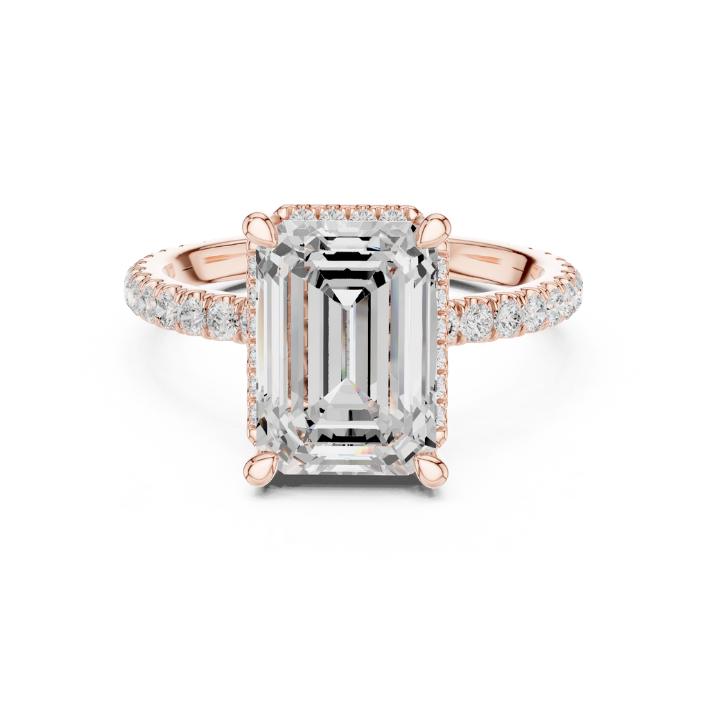 3.50 CT Emerald Cut Hidden Halo Diamond Engagement Ring with Pavé Band
