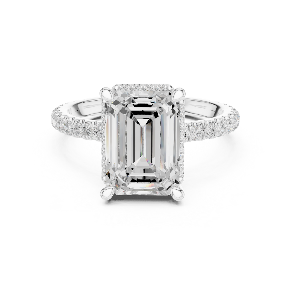 3.50 CT Emerald Cut Hidden Halo Diamond Engagement Ring with Pavé Band