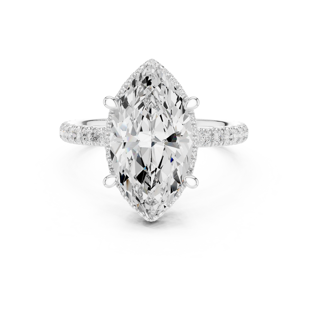 3.50 CT Marquise Cut Hidden Halo Diamond Engagement Ring with Pavé Band
