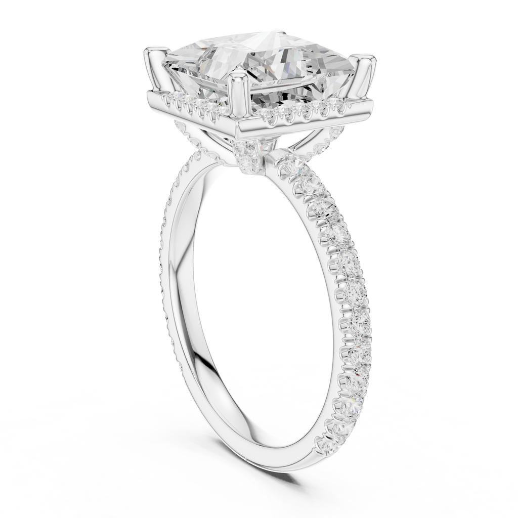 3.50 CT Princess Cut Hidden Halo Diamond Engagement Ring with Pavé Band