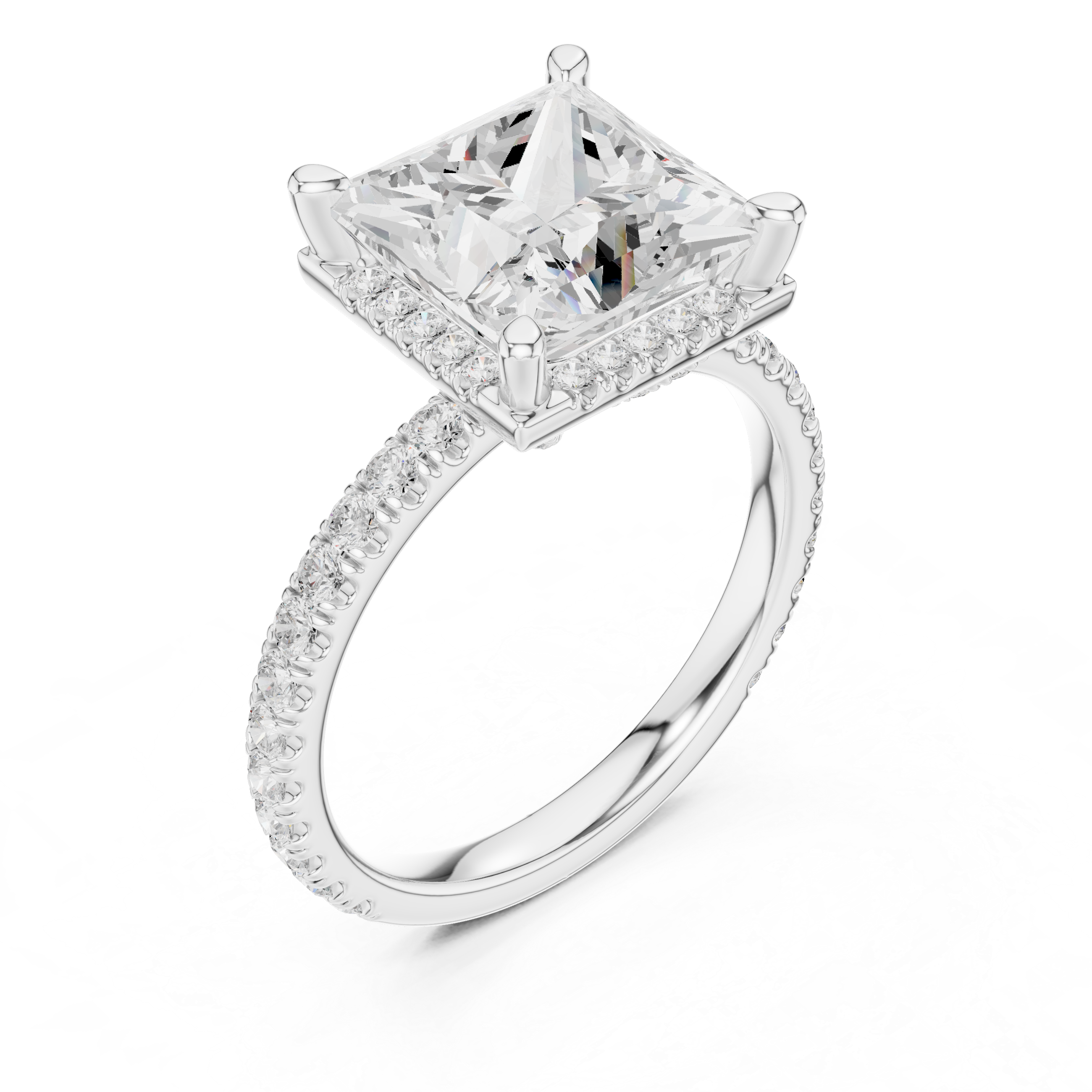 3.50 CT Princess Cut Hidden Halo Diamond Engagement Ring with Pavé Band