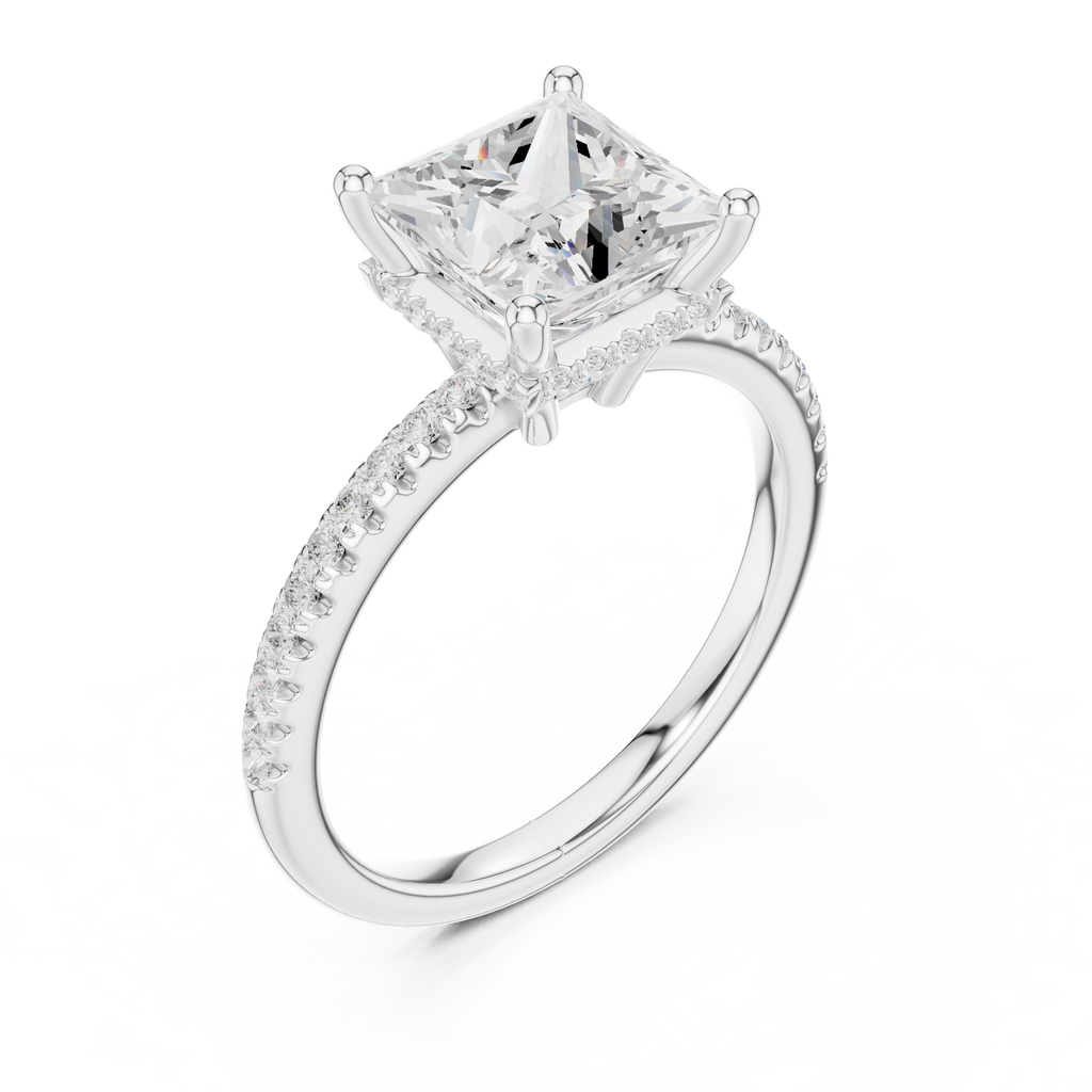 2.00 CT Princess Cut Diamond Hidden Halo Pavé Engagement Ring with Cathedral Setting