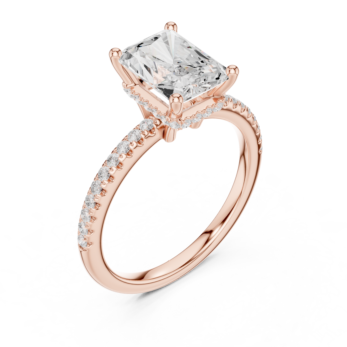 Radiant Cut Hidden Halo Pavé Diamond Engagement Ring in Cathedral – view 7 of 12, lab grown diamond ring | Jewelix Atelier