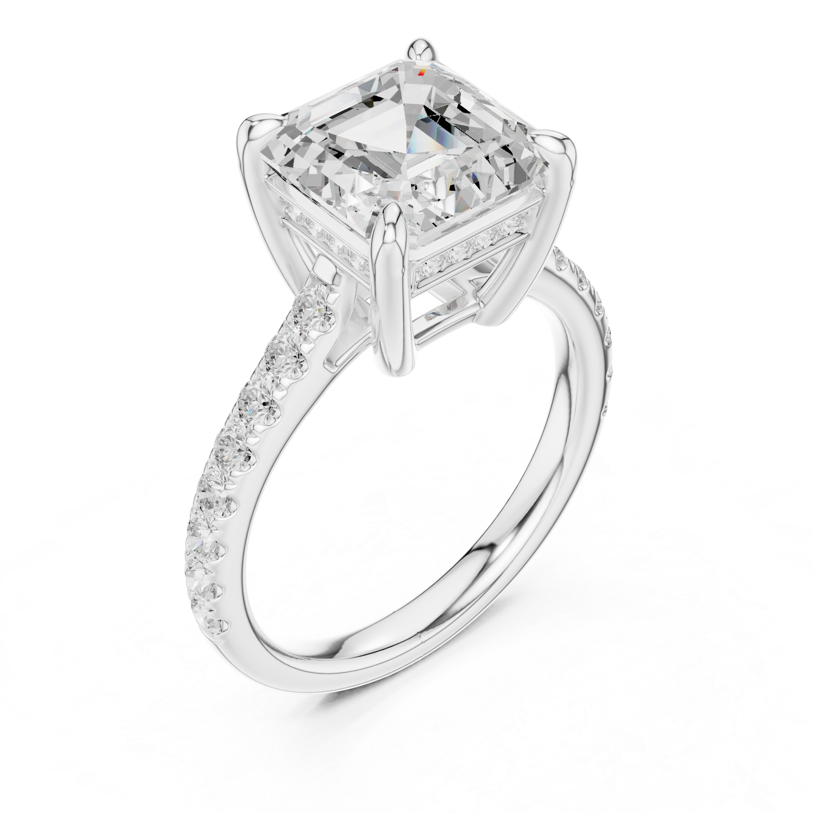 Asscher Cut Diamond Hidden Halo Cathedral Engagement Ring