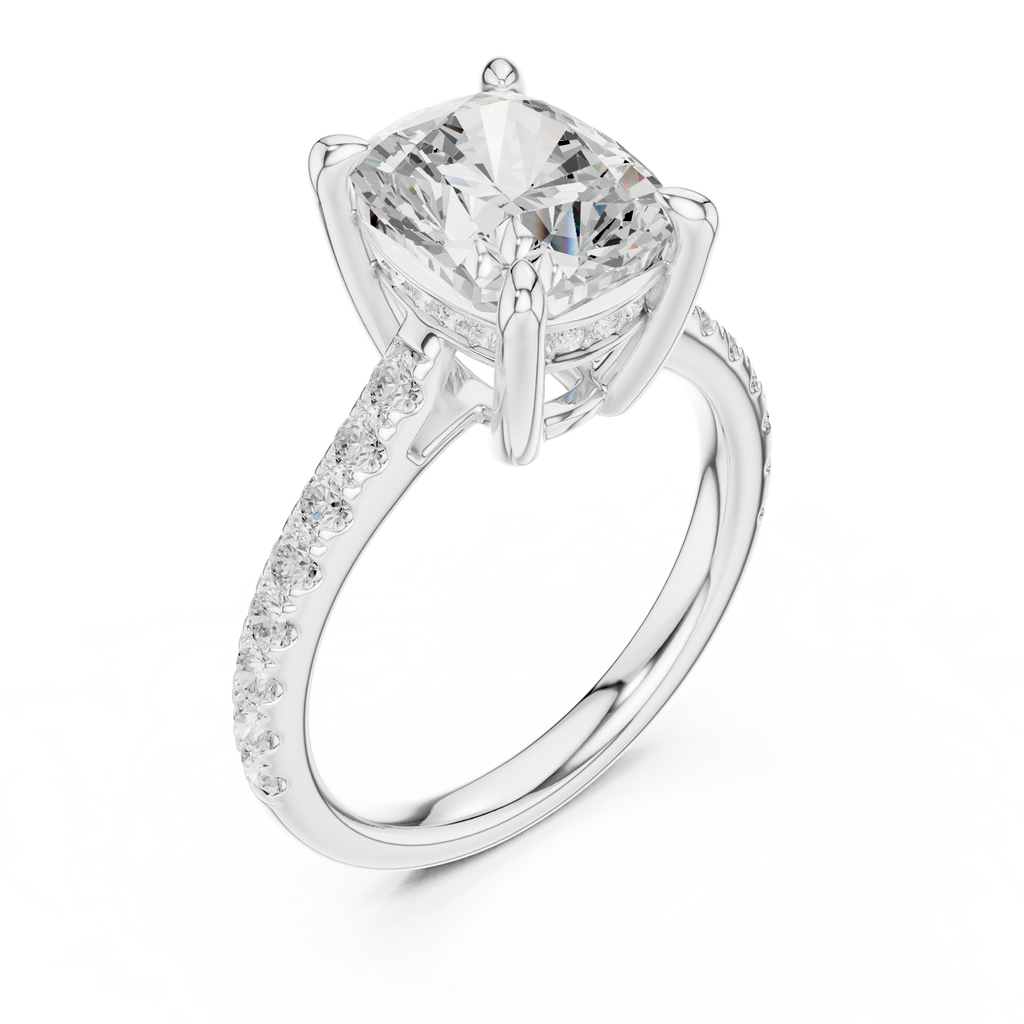Cushion Cut Diamond Hidden Halo Cathedral Engagement Ring