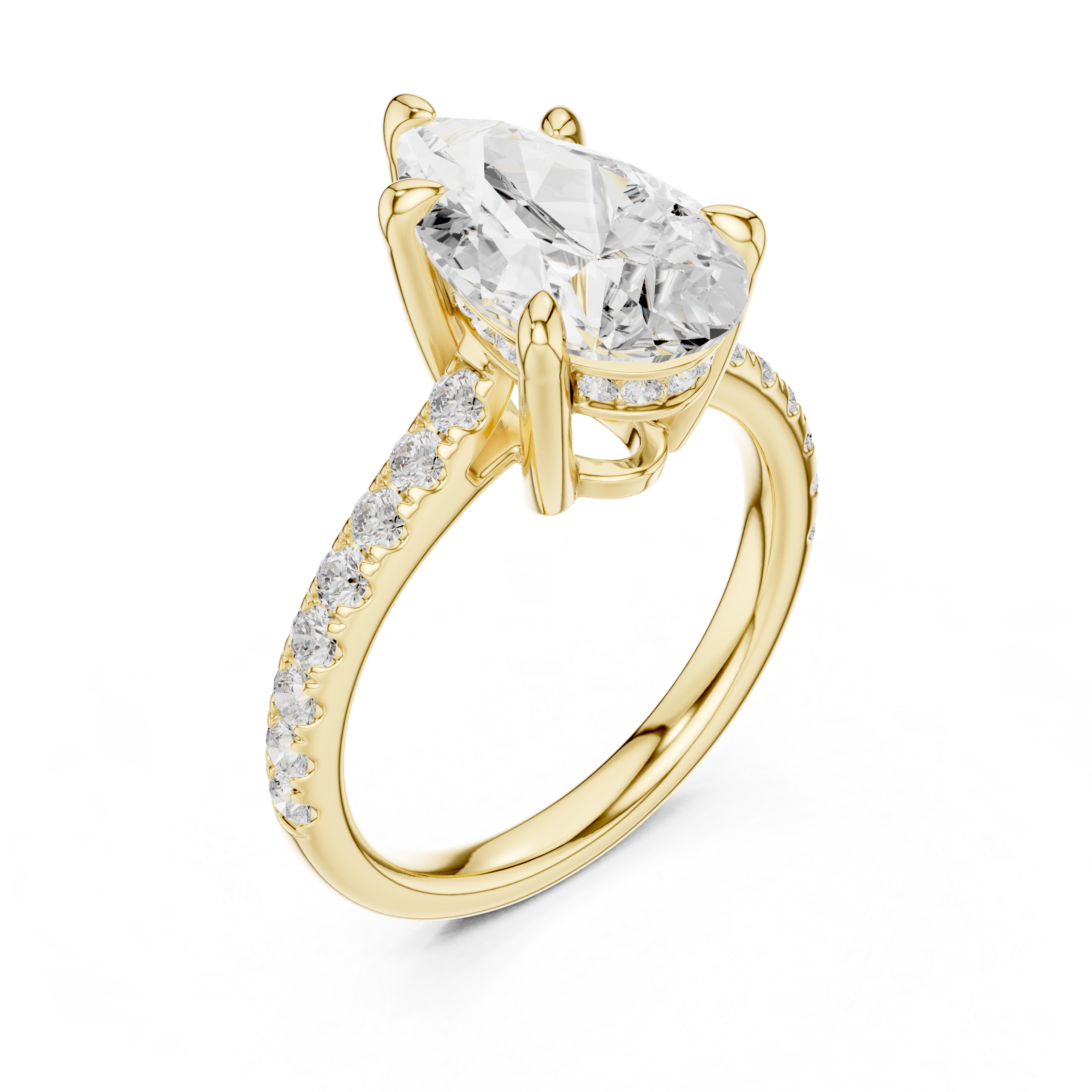 Pear Cut Diamond Cathedral Engagement Ring with Hidden Halo