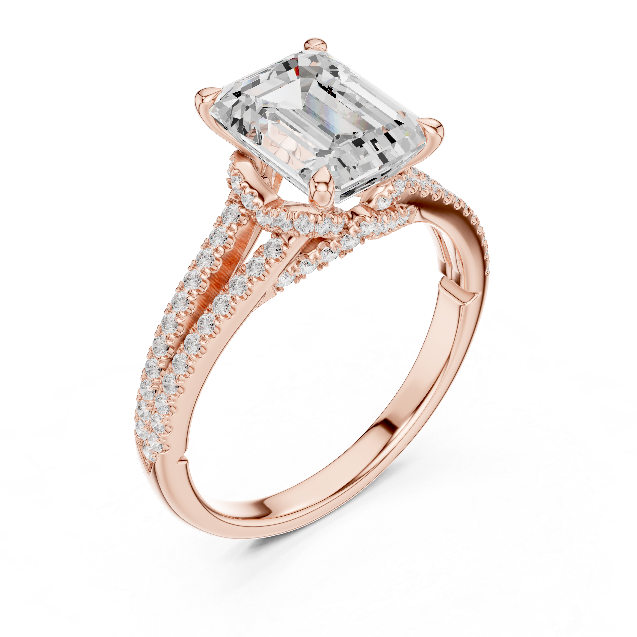 Emerald Cut Diamond Split Shank Pavé Engagement Ring