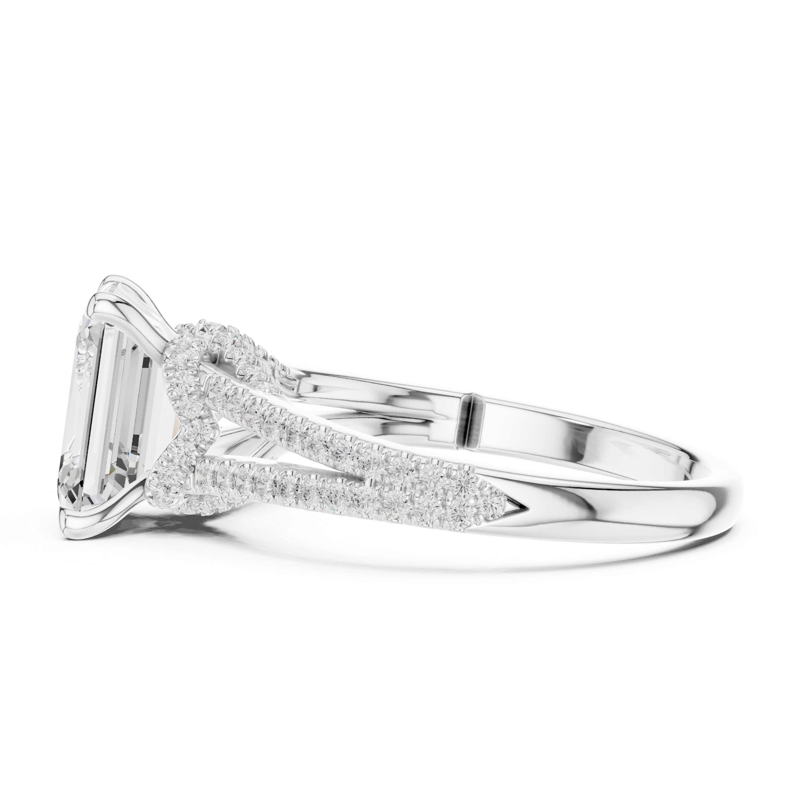 Emerald Cut Diamond Split Shank Pavé Engagement Ring