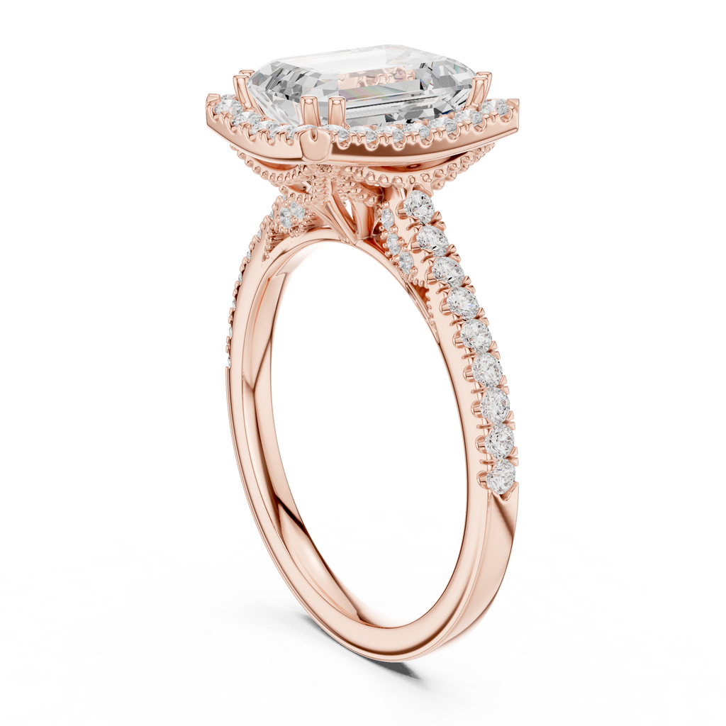Vintage Emerald Cut Diamond Halo Engagement Ring with Pavé Band