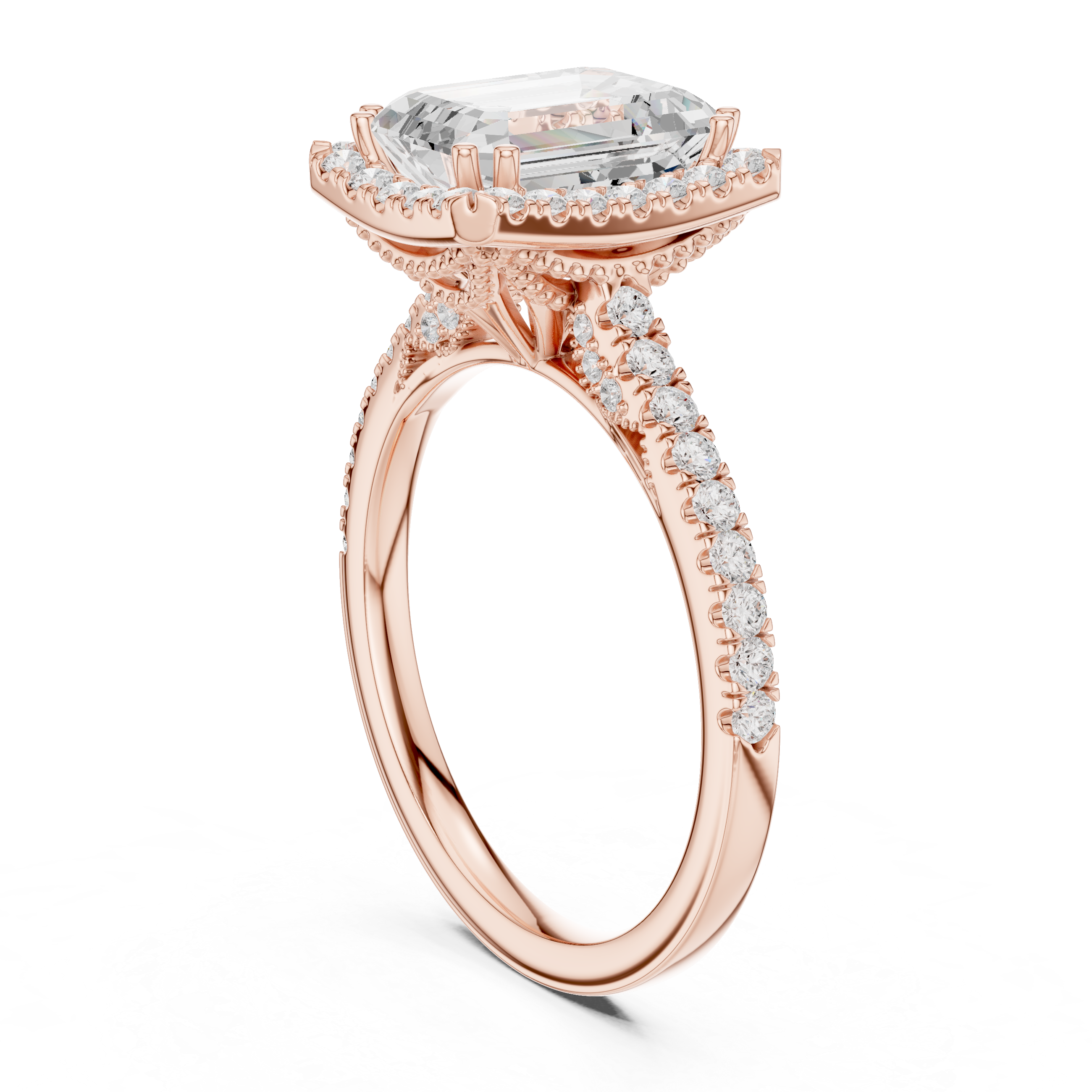 Vintage Emerald Cut Diamond Halo Engagement Ring with Pavé Band