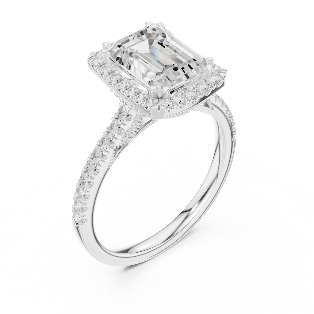 Vintage Emerald Cut Diamond Halo Engagement Ring with Pavé Band
