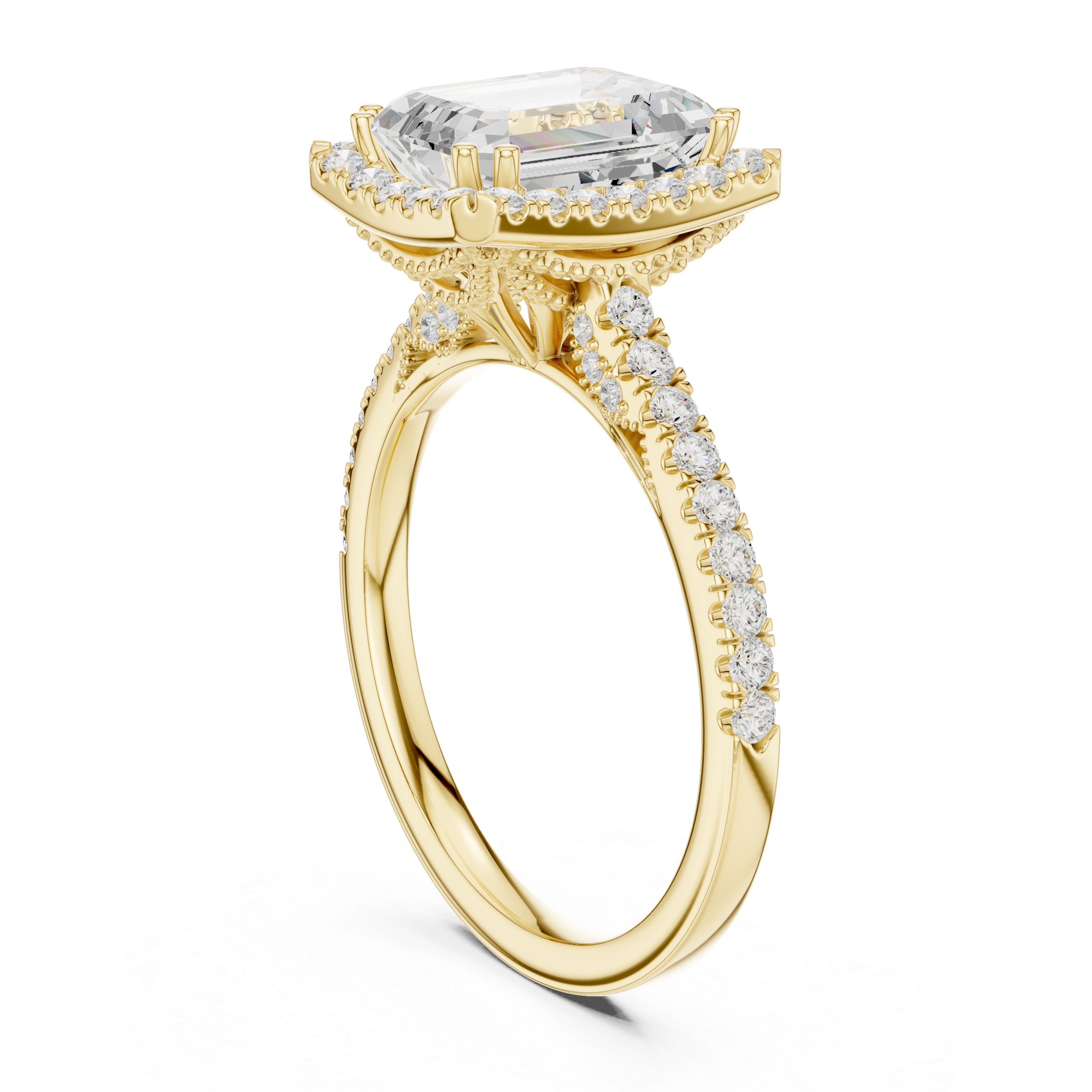 Vintage Emerald Cut Diamond Halo Engagement Ring with Pavé Band