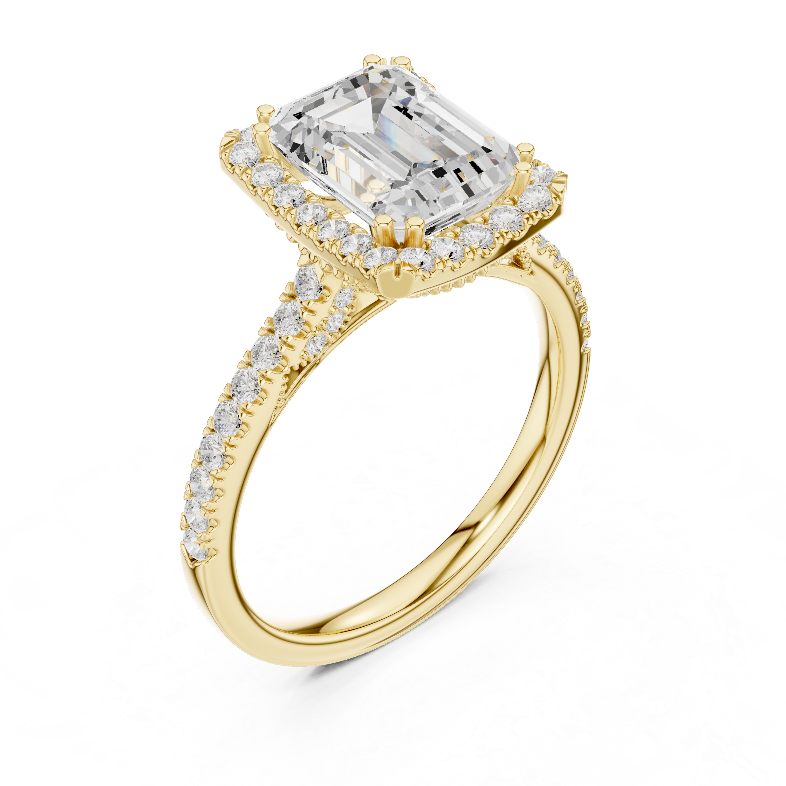 Vintage Emerald Cut Diamond Halo Engagement Ring with Pavé Band
